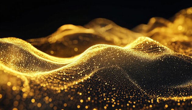 Futuristic Gold Digital Wave: Abstract Technology Rendering Of Swirling Particles In Flowing Pattern Of Digital Particles Wave.