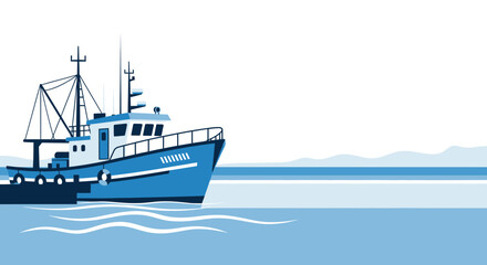 Naklejka premium Stylized Fishing Vessel At The Harbor With Minimalist Wave Vector Illustration
