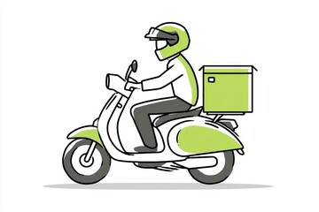 Food delivery worker riding green scooter, wearing protective helmet, rendered in minimalist vector graphic design