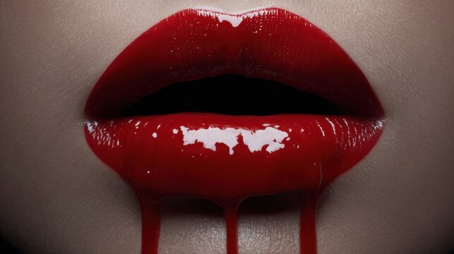 A close-up of glossy red lips with blood dripping, evoking themes of seduction and danger.