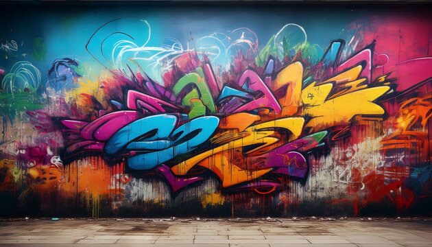 urban canvas graffiti covered wall with textured concrete floor depicting urban grit and underground art with colorful scribbles