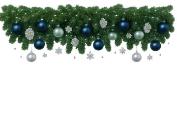 Christmas garland with blue and silver ornaments and snowflakes on transparent background