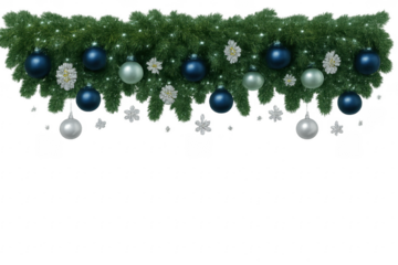 Christmas garland with blue and silver ornaments and snowflakes on transparent background