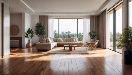 Fototapeta premium elegant interior with gleaming hardwood floor and minimalist design enhancing the room s cleanliness and modern aesthetic