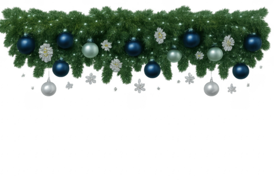 Christmas garland with blue and silver ornaments and snowflakes on transparent background