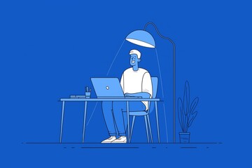 Young man working late into the night on a laptop, relishing the tranquility and focus of a cozy home office environment