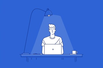 Freelancer working late, laptop illuminated by desk lamp, minimalist flat design against blue background