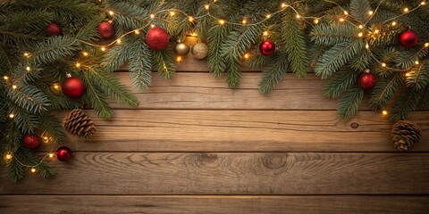Rustic Christmas Border Fir Branches, Lights, Ornaments on Wood, Christmas Decorations, Festive Background Christmas, Holiday