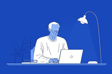 Minimalist flat illustration of an adult sitting at desk and working on laptop with lamp and plant, blue background