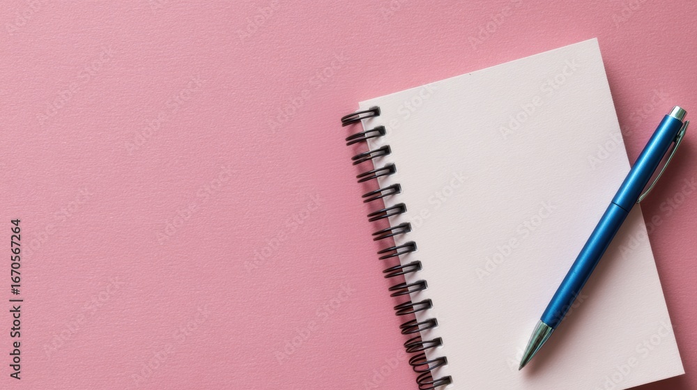 Poster a blank notepad and a blue pen are placed on a pink background, creating a minimalist and organized 