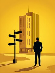 Businessman standing at a crossroads looking at a corporate building, contemplating career path and future decisions