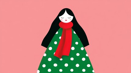 Stylized girl in green polka dot dress, red scarf, standing against soft pink backdrop, vector illustration