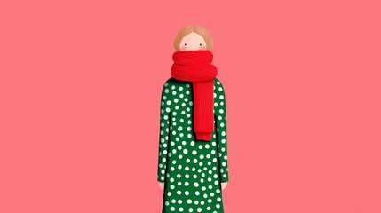 Woman hiding face behind oversized red scarf, wearing green polka dot dress against soft pink backdrop