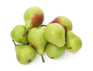 Many whole ripe pears isolated on white