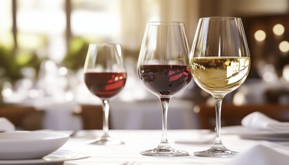 Close-Up Shot Of Elegant Glasses Of Red And White Wine Paired Together On A Dining Table For A Formal Dinner.
