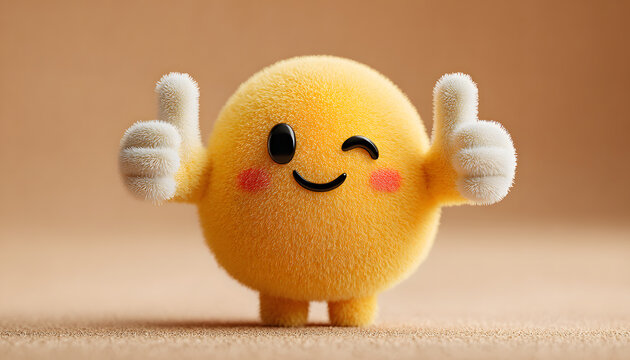 Cheerful yellow emoji gives two thumbs up, winking wth big smile. Cute cartooncharacter positivity, apprval, success. Excellent fo marketing, advertising, wb design, conveying encourgement - Powered by Adobe
