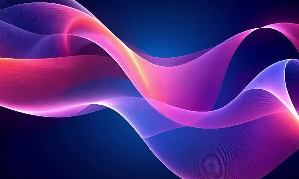 Wavy semitransparent pink and purple lines cross against a dark blue gradient background