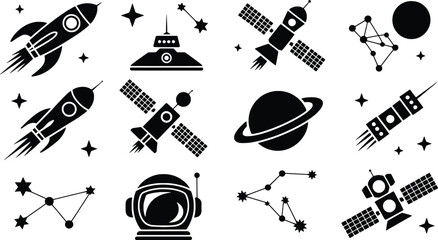 Collection of space icons featuring rockets planets astronauts and satellites