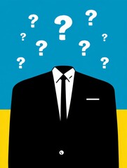 Floating question marks hovering above businessman's suit, signaling professional uncertainty and puzzling corporate challenges