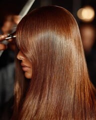 Hairdresser Cutting Long Brown Hair with Bangs: Profile View, Salon Service, Hair Care, Styling, Professional, Close-up