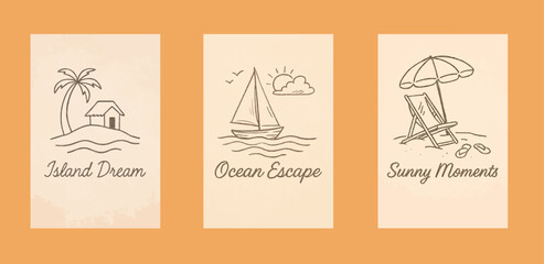 Hand Drawn Sketch Illustrations of Tropical Island Beach and Sailing Scenes ocean water