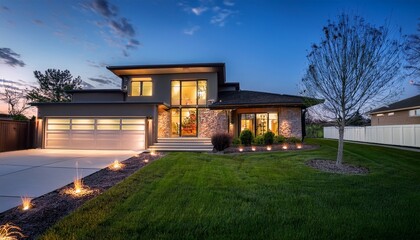 modern suburban home s exterior illuminated by bright floodlights at dusk casting dramatic shadows on the lawn and emphasizing the house s sleek architectural lines