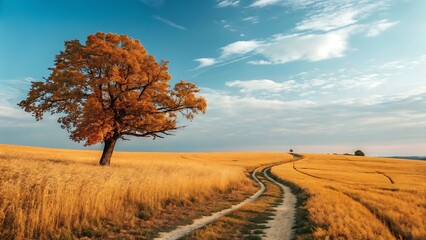 Obraz premium Autumnal Solitude A Winding Path Through Golden Fields
