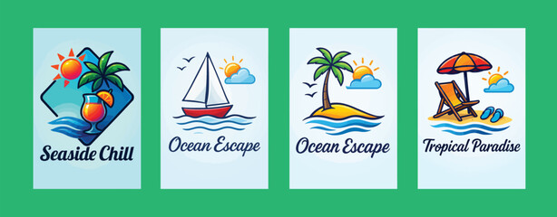 Tropical Beach and Ocean Vacation Scene Illustrations with Palm Trees and Sailboats water wave