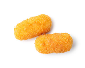 Delicious fried croquettes isolated on white, top view