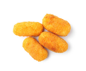 Delicious fried croquettes isolated on white, top view