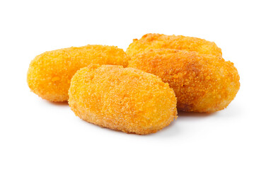 Many delicious fried croquettes isolated on white