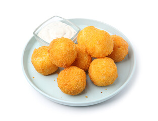 Delicious fried croquette balls and sauce isolated on white