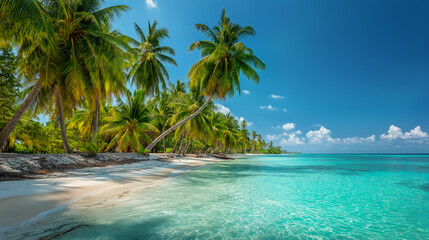 view of the coast of the sea tropical beach with palm trees and blue sky travel holiday