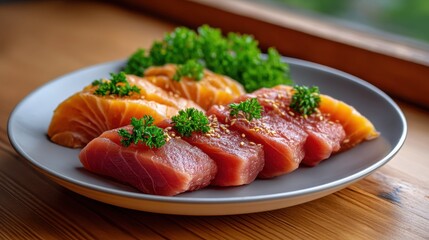 Natural Sushi Platter with Fresh Fish Minimalist Setting Food Photography Pale Gray Background Artistic View
