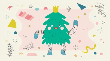 Cute christmas tree wearing a crown and dancing in front of a colorful abstract background, celebrating christmas time