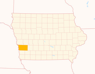 Map of the County Pottawattamie (Iowa, US) showing the Federal State with the highlighted County