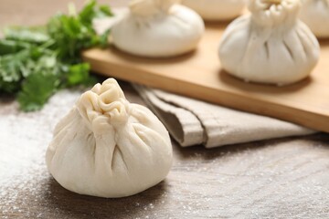 Uncooked khinkalis (dumplings) and cilantro on wooden table, closeup