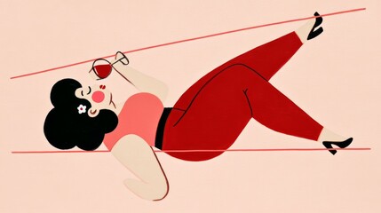 Minimalist graphic depicting woman inverting, suspending from crimson cords, sipping wine with relaxed, playful demeanor