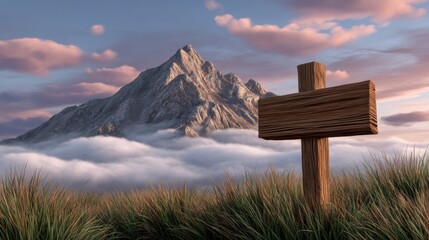 Mountain Peaks Piercing Through Mist with Wooden Signpost in Serene Landscape at Dawn