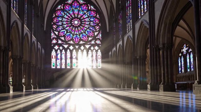 AI-generated cathedral interior with sunlight streaming through stained glass rose window at dawn