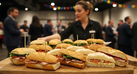 Sandwich platter at a business event showcasing catering and socializing in a corporate environment