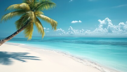 White Sand Beach With Palm Trees And Turquoise Waters In A Tropical Setting: A Paradise For Relaxation And Serenity.