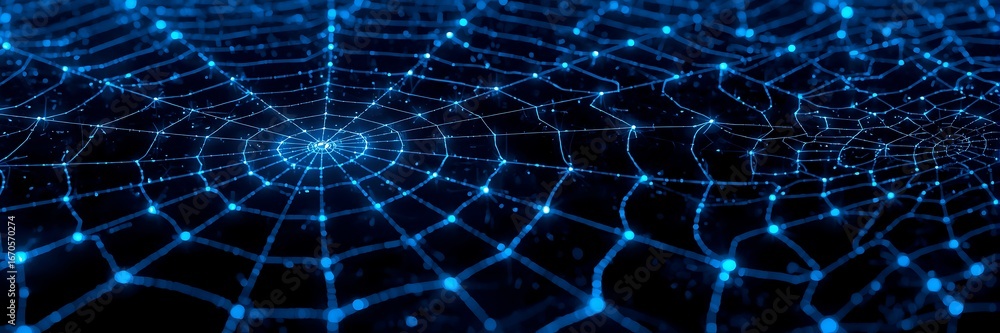 Poster abstract blue network connection background with glowing nodes and lines, representing digital commu