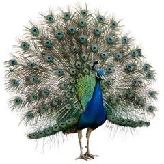 A majestic peacock displaying its vibrant feathers in full glory. The peacock's plumage features a stunning array of colors and intricate patterns. It stands proudly, a symbol of beauty and elegance