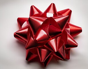shiny red gift bow resting on a plain background with intricate design and texture no background white background