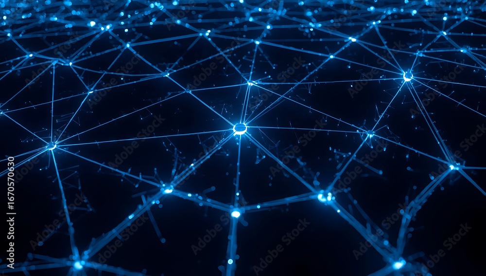 Poster abstract network connection structure with blue glowing dots and lines, representing the digital com