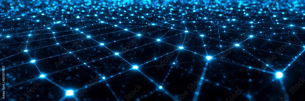 Poster abstract blue network background with glowing nodes and lines, representing digital communication, t