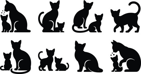 Fototapeta premium Collection of black cat silhouettes with kittens poses