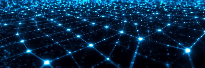 Abstract blue network background with glowing nodes and lines, representing digital communication, technology, and global internet connectivity