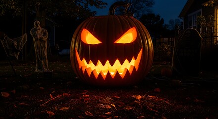 Fototapeta premium Scary Jack O Lantern Halloween Pumpkin Glowing In Dark.